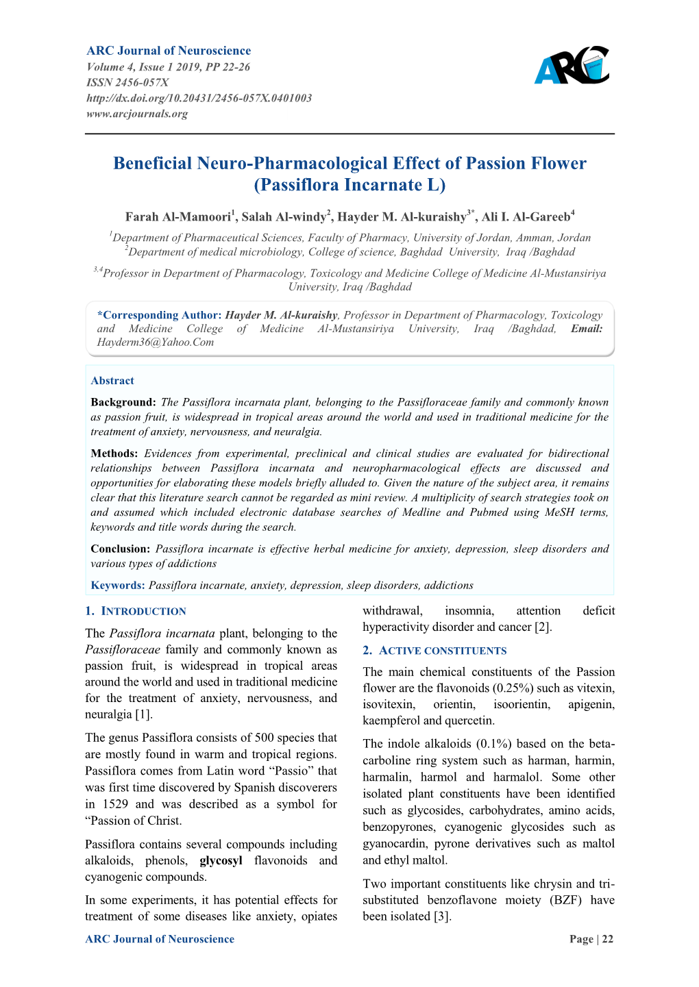 Beneficial Neuro-Pharmacological Effect of Passion Flower (Passiflora Incarnate L)