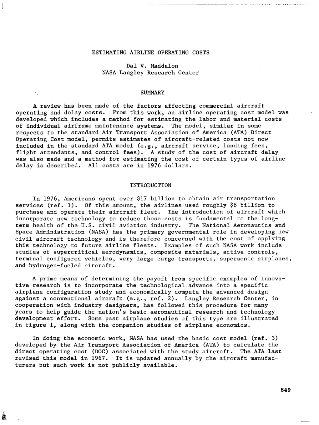 ESTIMATING AIRLINE OPERATING COSTS Dal V. Maddalon NASA