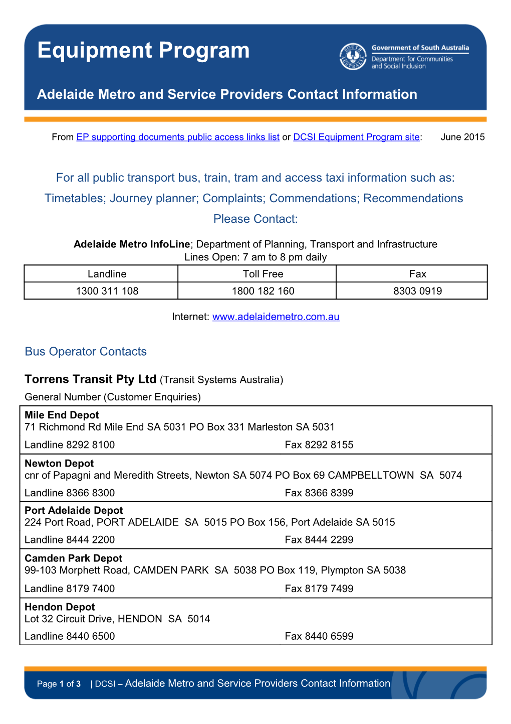 Adelaide Metro and Service Providers Contact Information