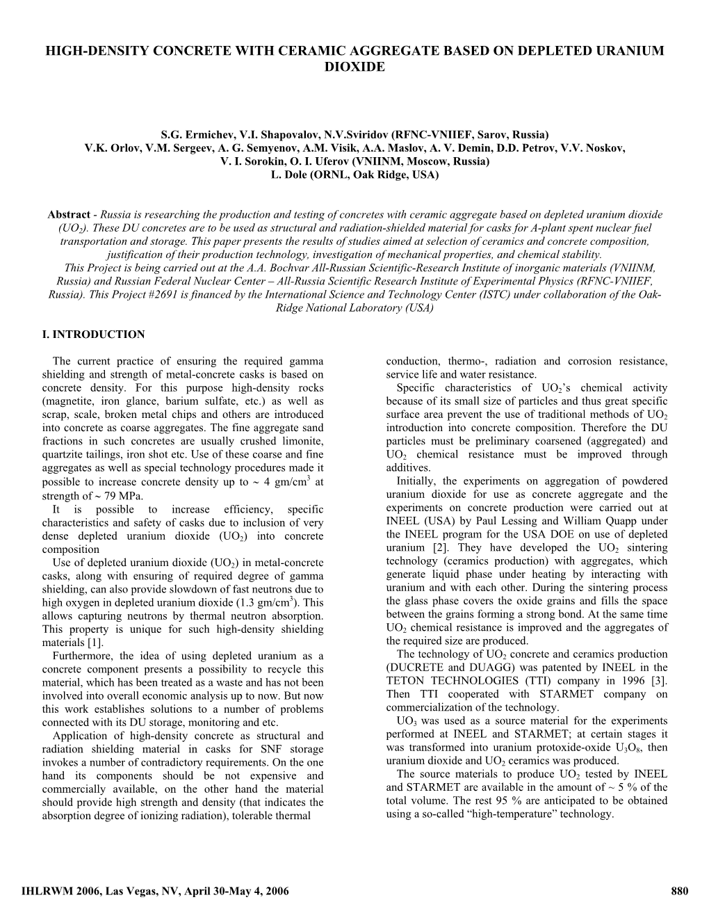 High-Density Concrete with Ceramic Aggregate Based on Depleted Uranium Dioxide