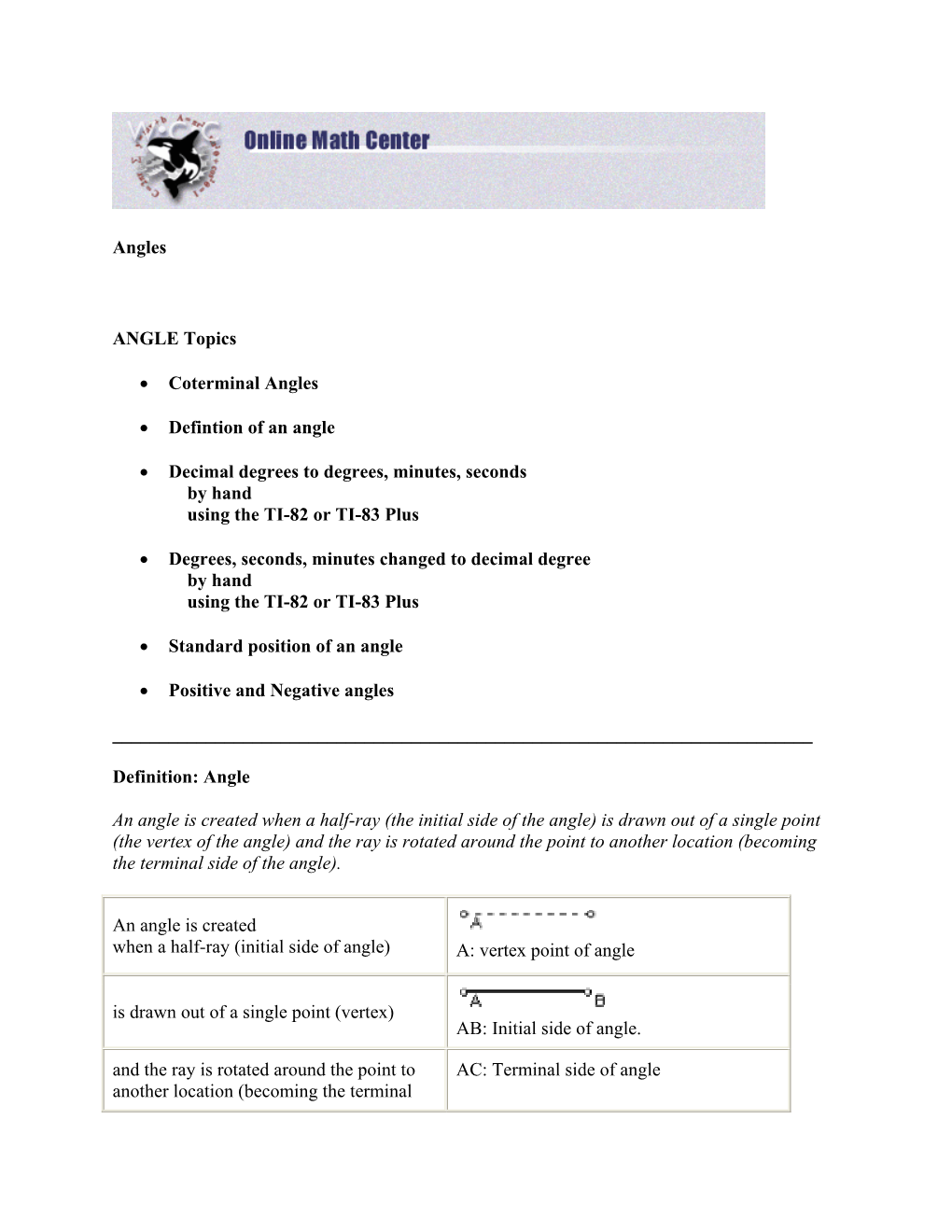 Angles ANGLE Topics • Coterminal Angles • Defintion of an Angle