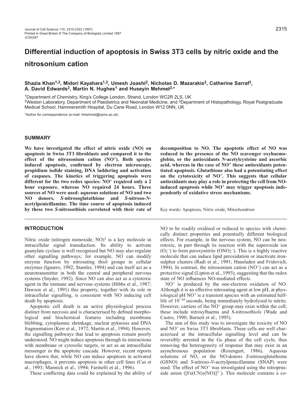 Differential Induction of Apoptosis in Swiss 3T3 Cells by Nitric Oxide and the Nitrosonium Cation