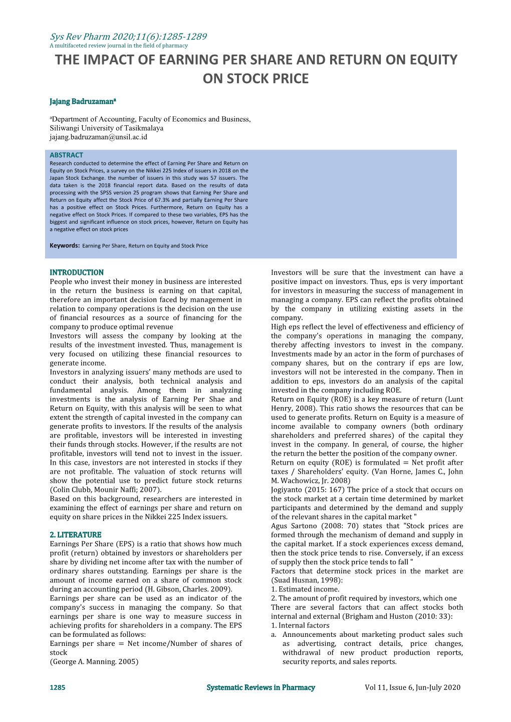 The Impact of Earning Per Share and Return on Equity on Stock Price