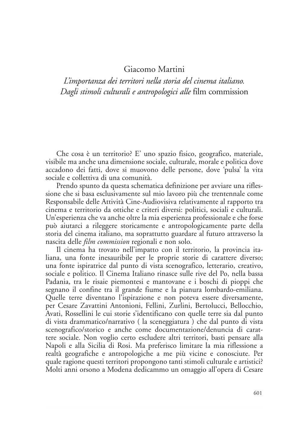 Giacomo Martini L'importanza Dei Territori Nella Storia Del Cinema Italiano. Dagli Stimoli Culturali E Antropologici Alle Film