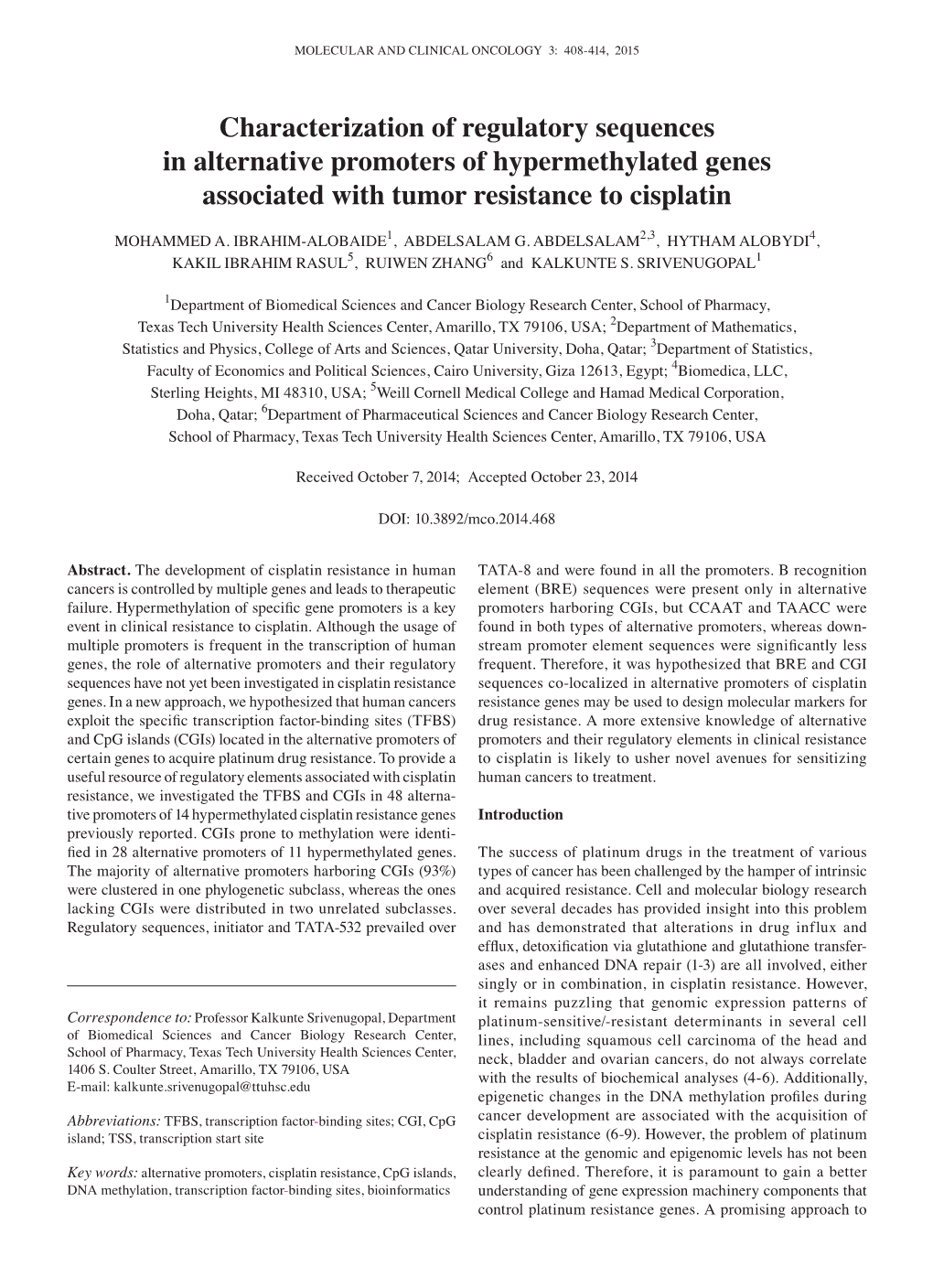 Characterization of Regulatory Sequences in Alternative Promoters of Hypermethylated Genes Associated with Tumor Resistance to Cisplatin