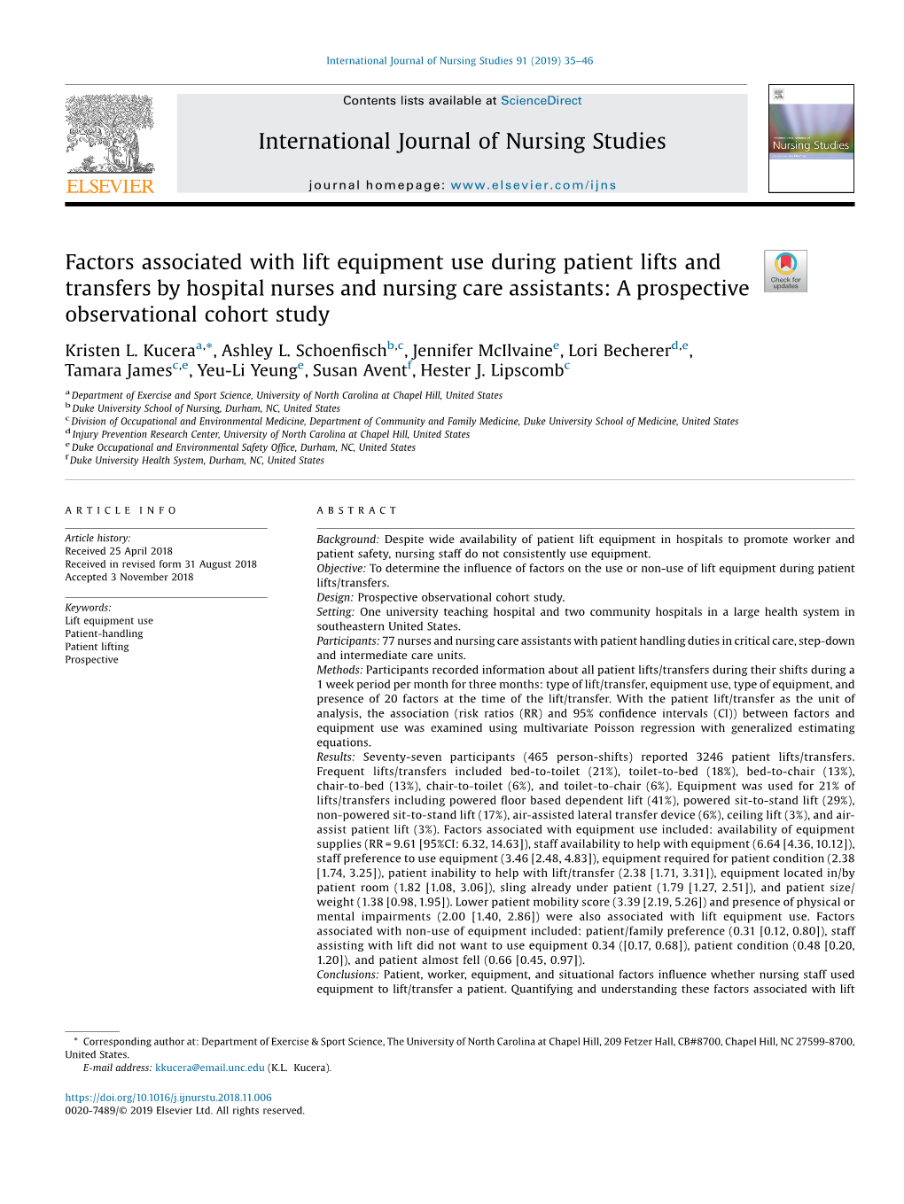 Factors Associated with Lift Equipment Use During Patient Lifts and Transfers by Hospital Nurses and Nursing Care Assistants