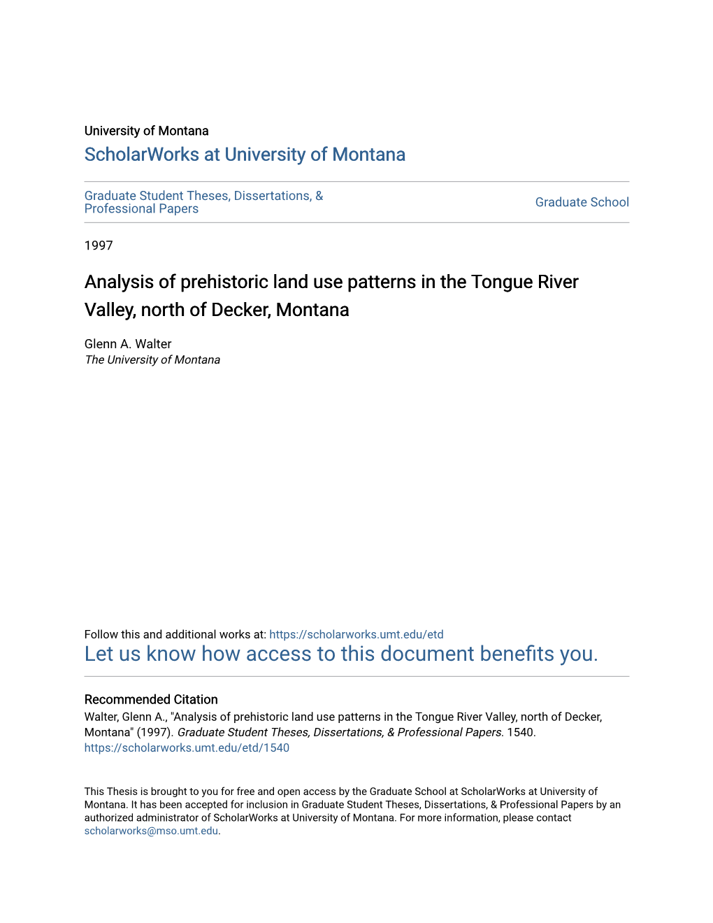 Analysis of Prehistoric Land Use Patterns in the Tongue River Valley, North of Decker, Montana