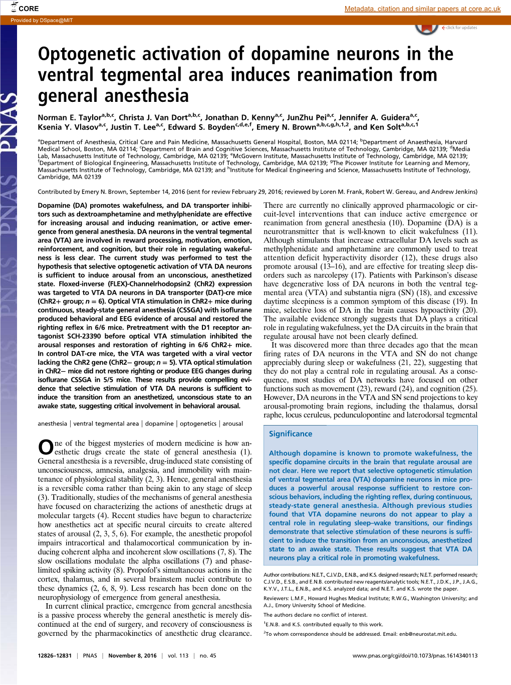 Optogenetic Activation of Dopamine Neurons in the Ventral Tegmental Area Induces Reanimation from General Anesthesia