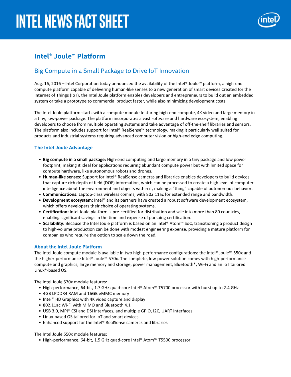 Fact Sheet: Intel® Joule™ Platform