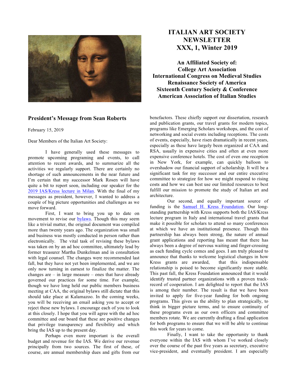 ITALIAN ART SOCIETY NEWSLETTER XXX, 1, Winter 2019