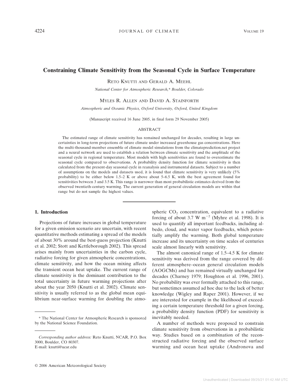 Constraining Climate Sensitivity from the Seasonal Cycle in Surface Temperature