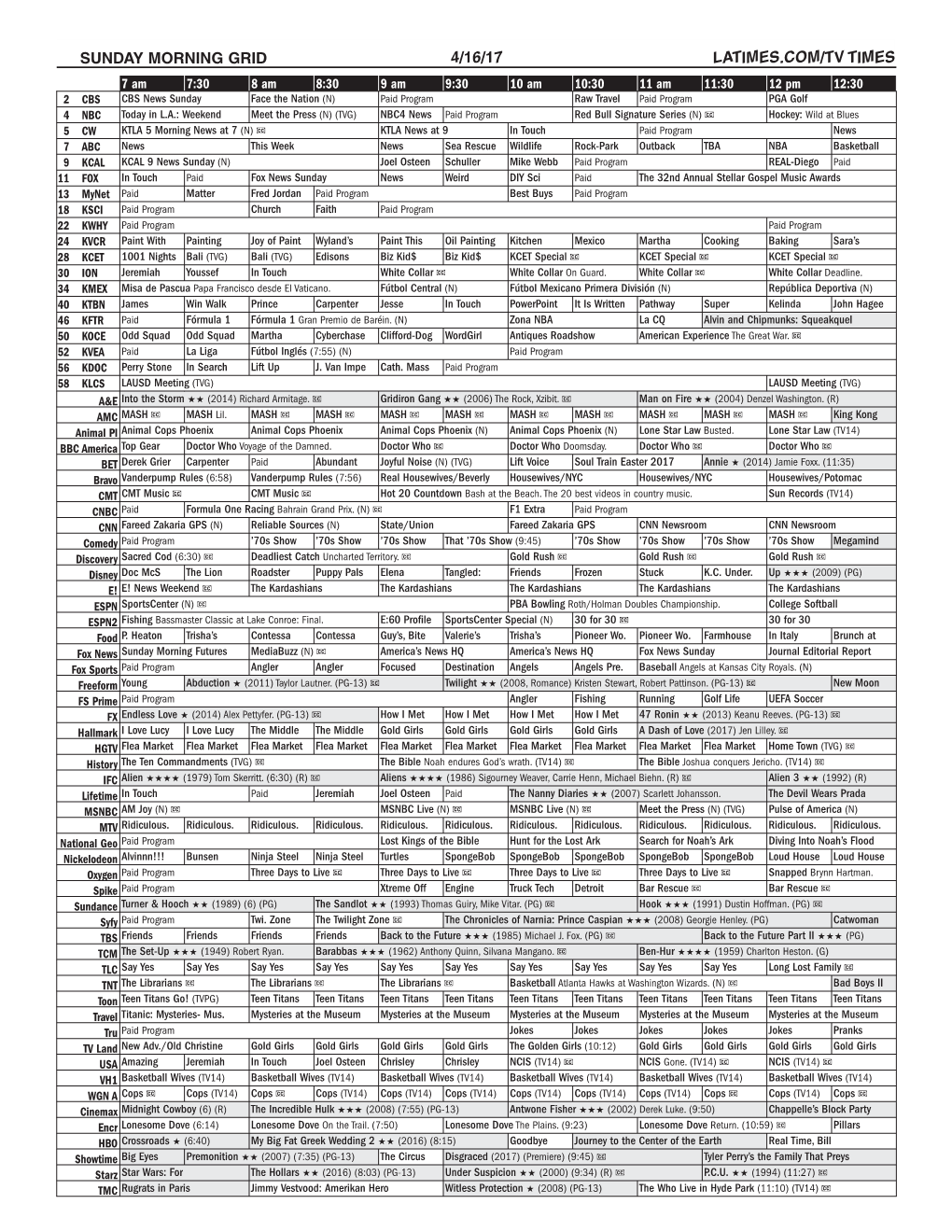 Sunday Morning Grid 4/16/17 Latimes.Com/Tv Times