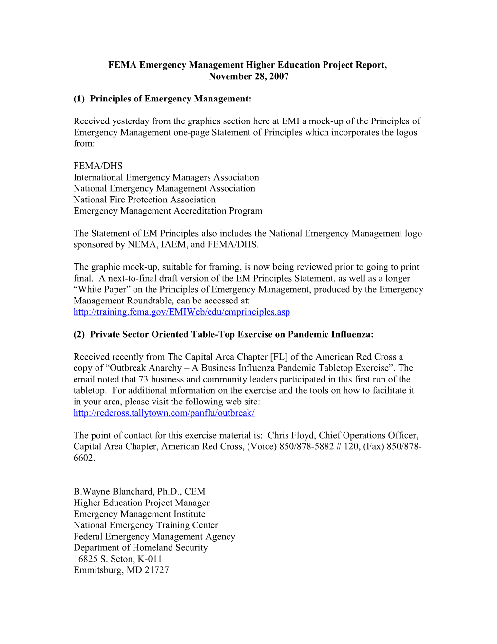 FEMA Emergency Management Higher Education Project Report