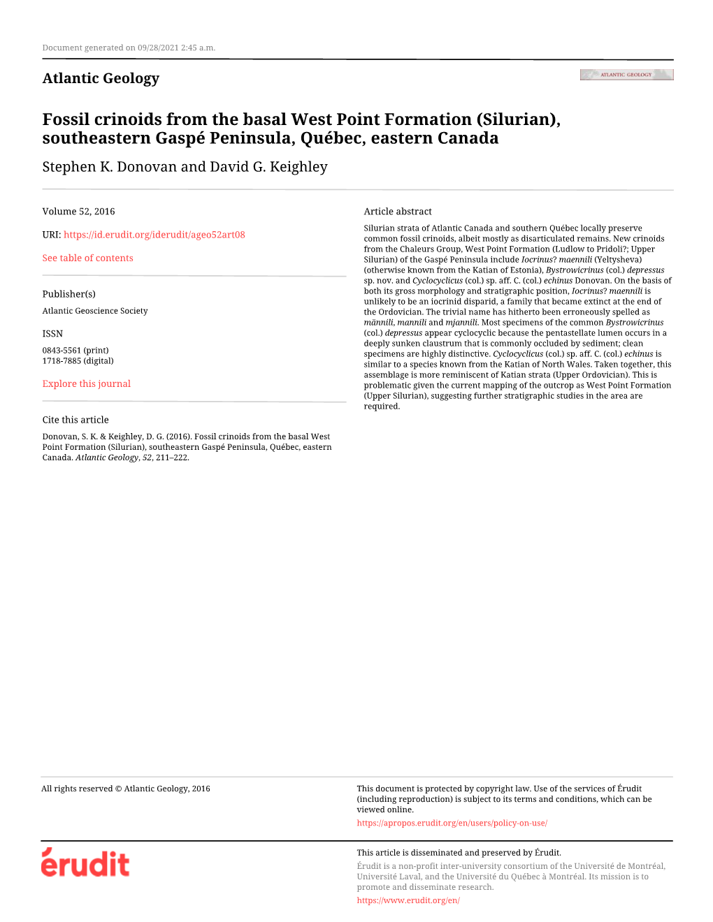 Fossil Crinoids from the Basal West Point Formation (Silurian), Southeastern Gaspé Peninsula, Québec, Eastern Canada Stephen K