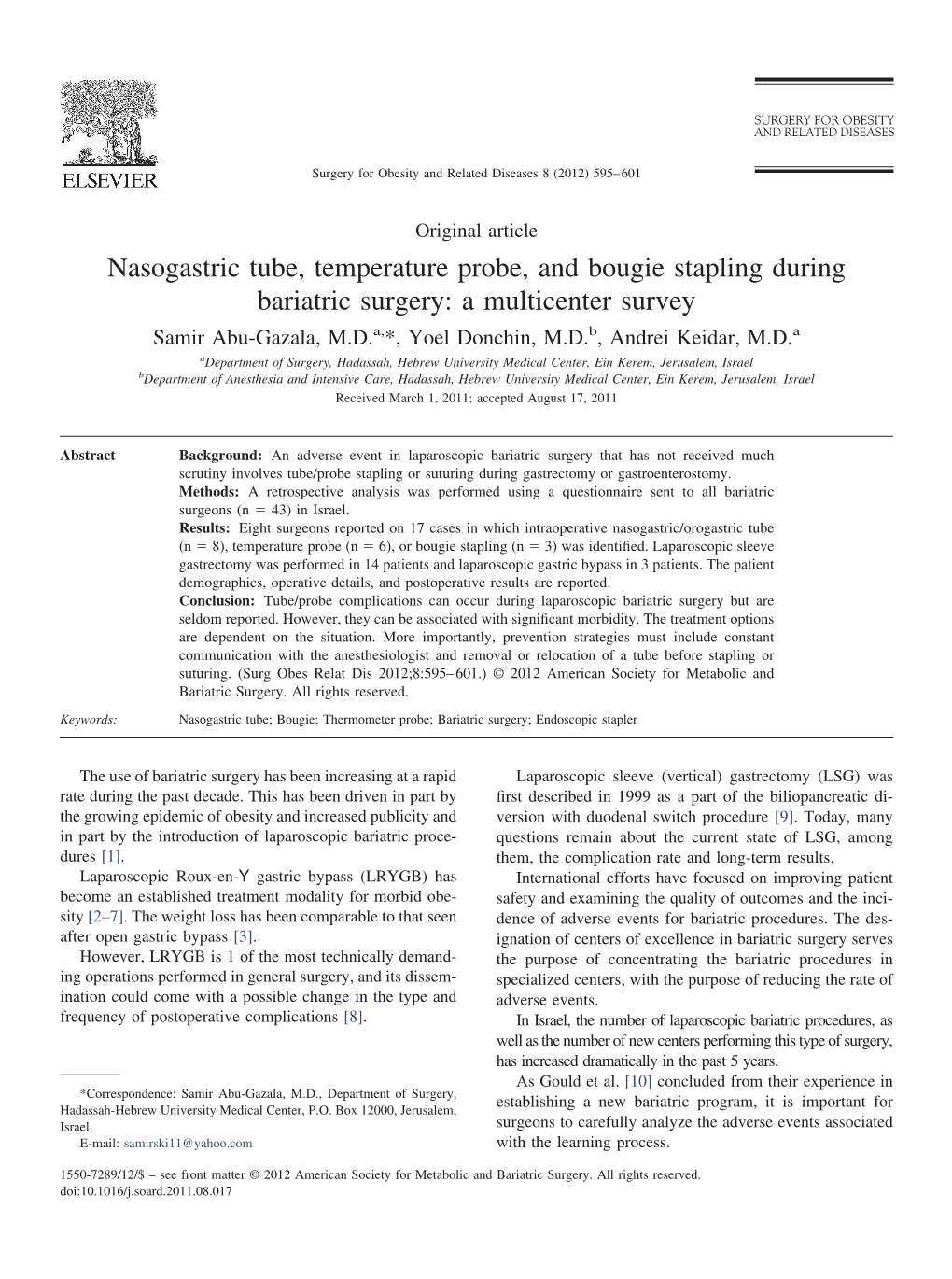 Nasogastric Tube, Temperature Probe, and Bougie Stapling During Bariatric