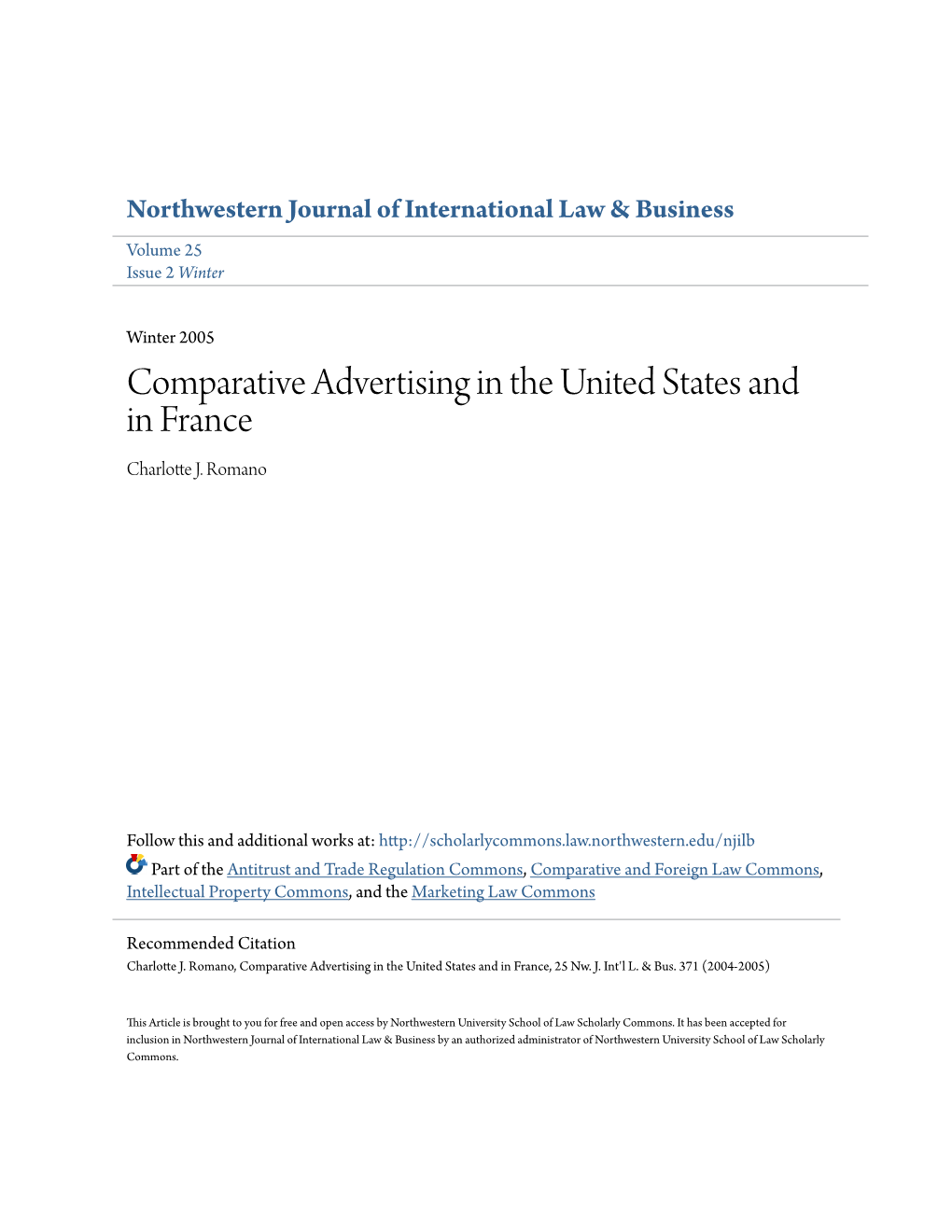 Comparative Advertising in the United States and in France Charlotte J