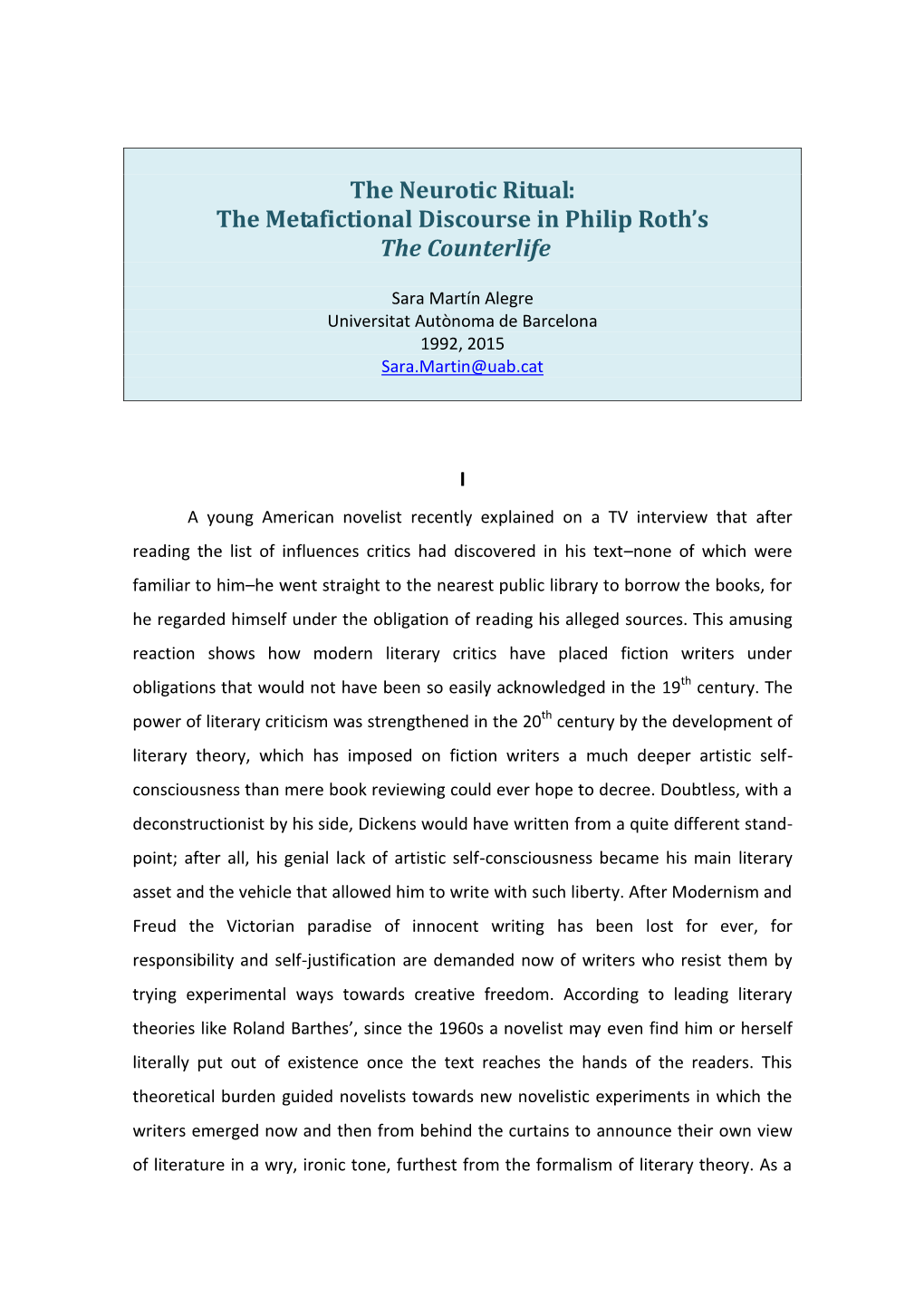 The Neurotic Ritual: the Metafictional Discourse in Philip Roth's The