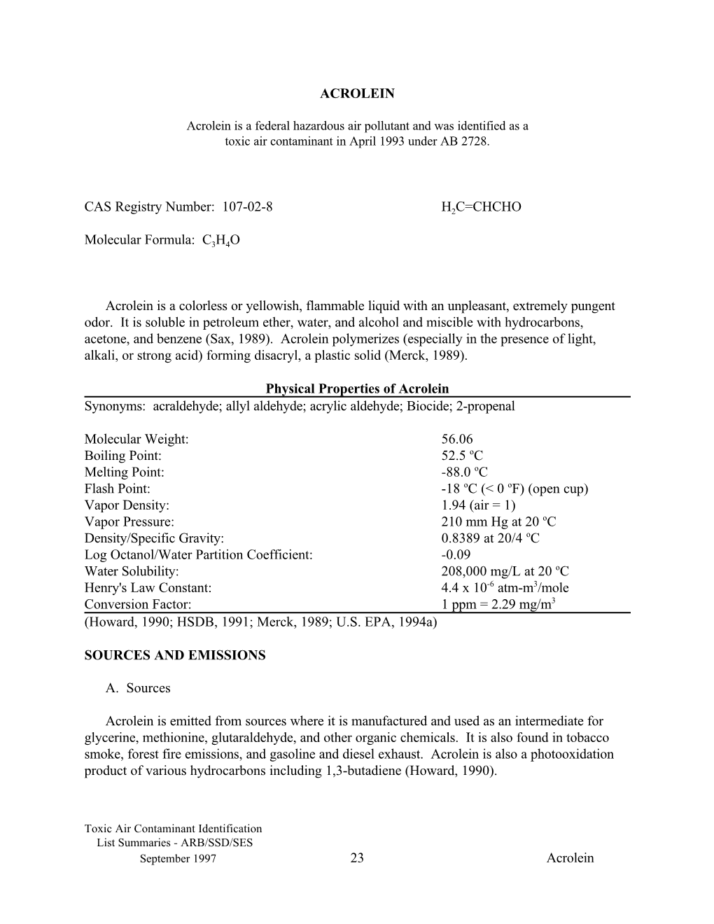 1997-11-12 Acrolein As Federal Hazardous Air Pollutant