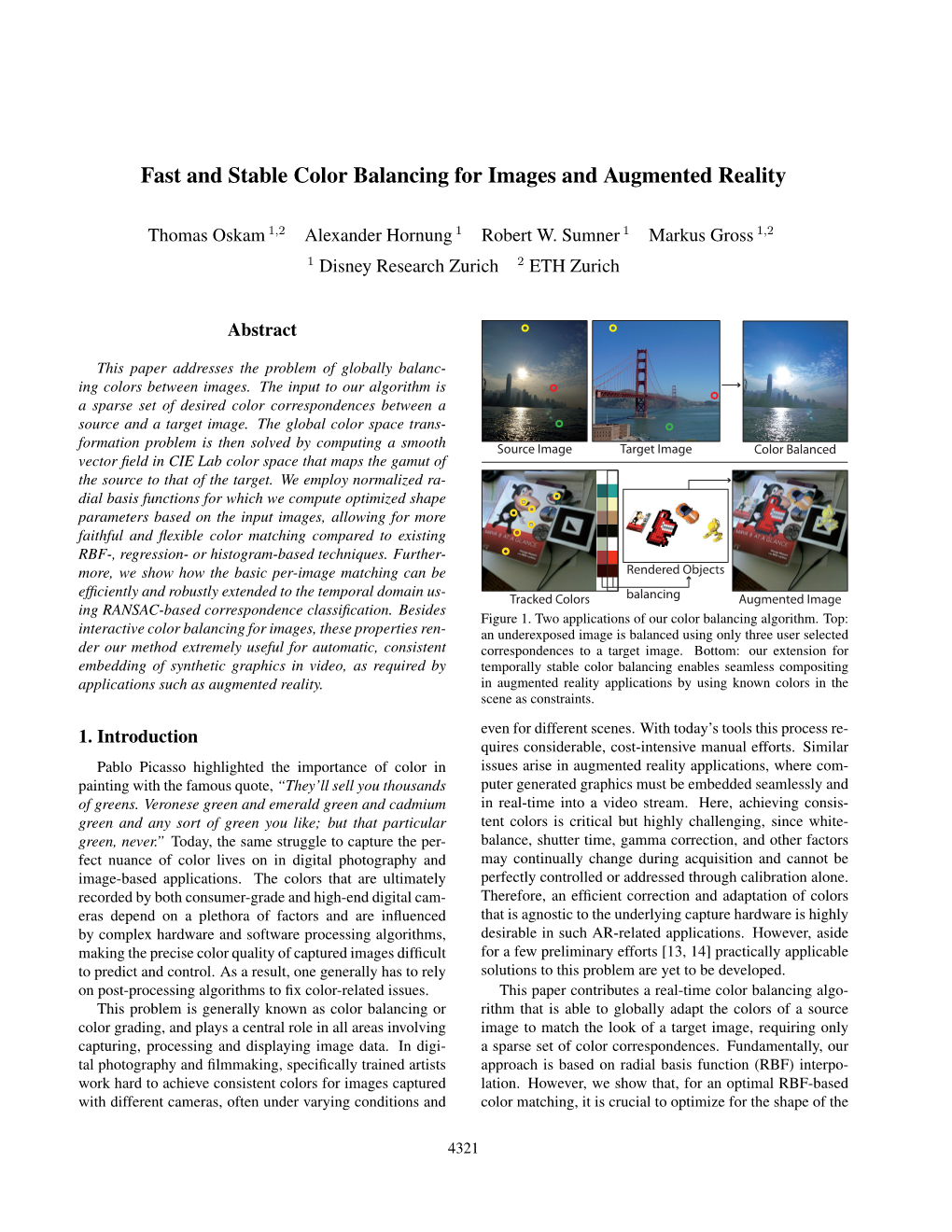 Fast and Stable Color Balancing for Images and Augmented Reality