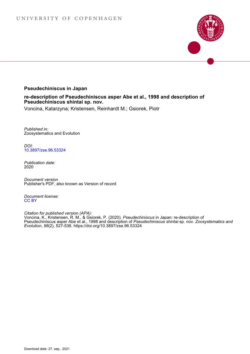 ﻿Pseudechiniscus in Japan: Re-Description of Pseudechiniscus Asper