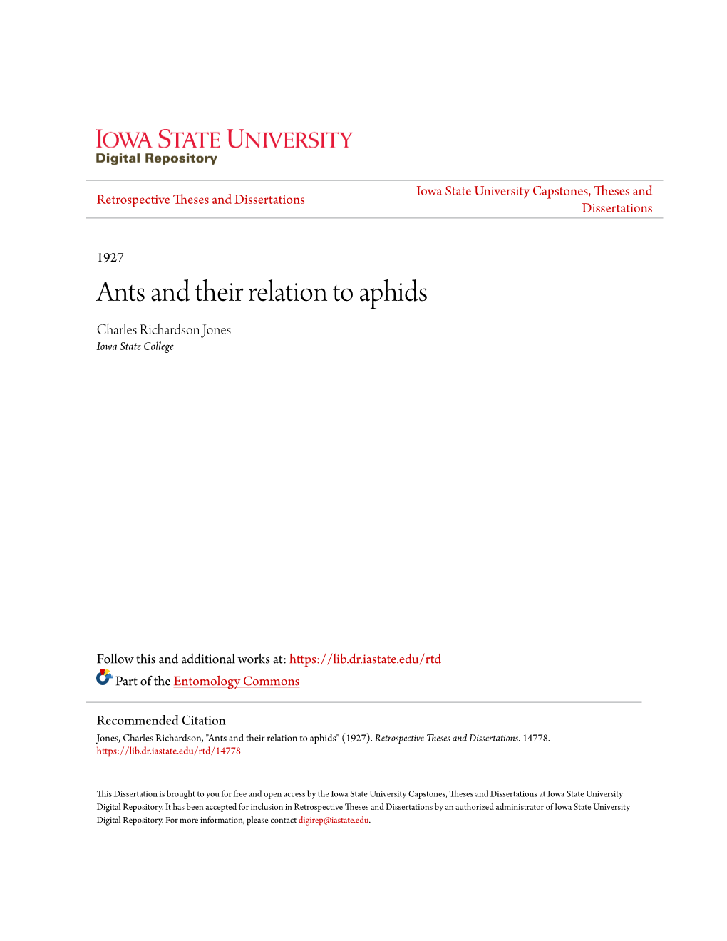 Ants and Their Relation to Aphids Charles Richardson Jones Iowa State College