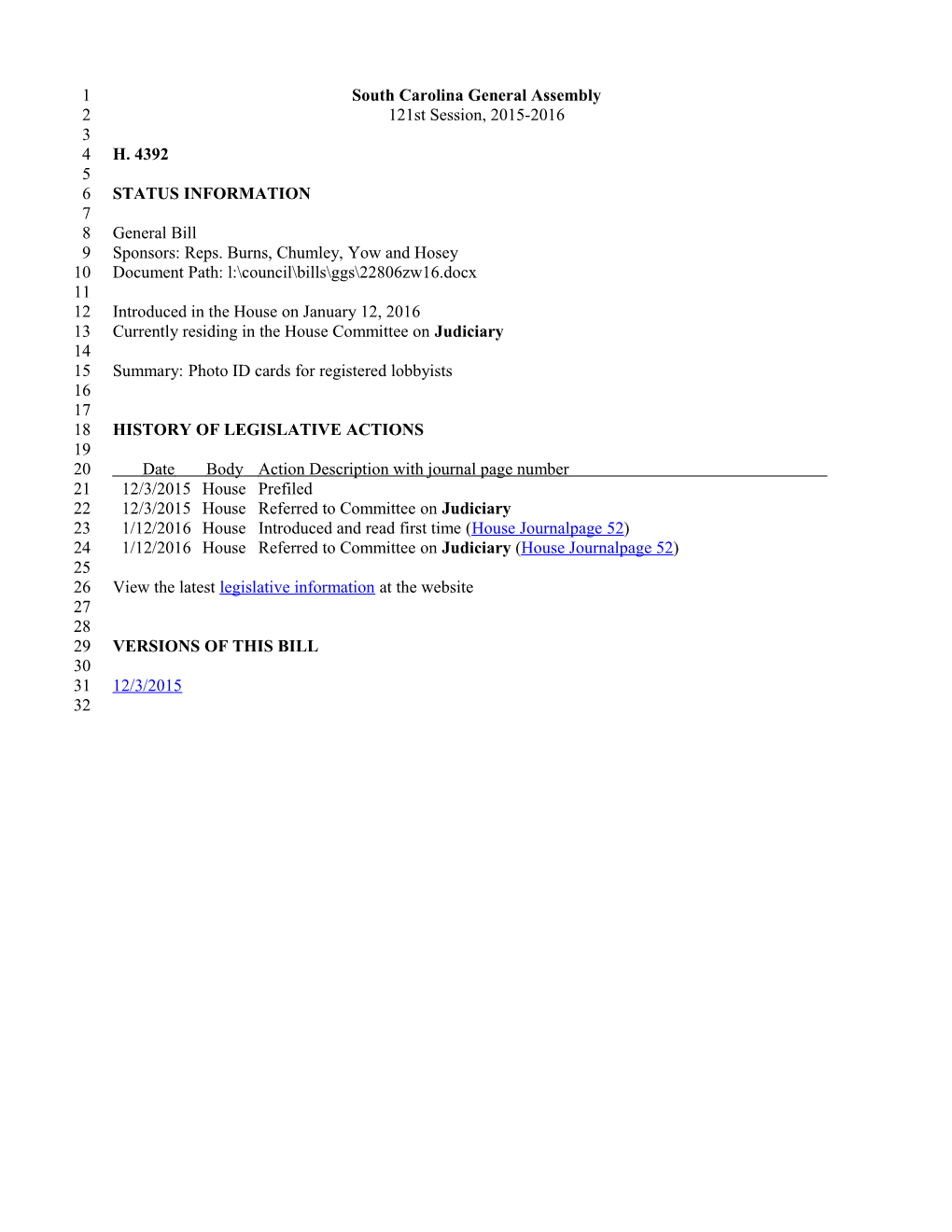 2015-2016 Bill 4392: Photo ID Cards for Registered Lobbyists - South Carolina Legislature Online