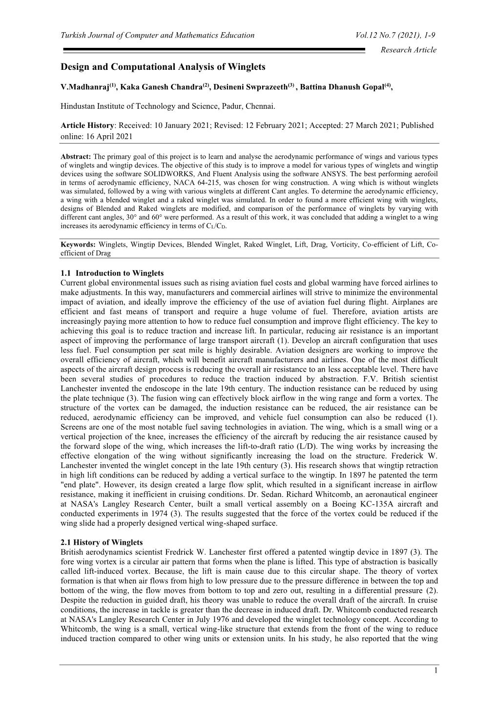 Design and Computational Analysis of Winglets