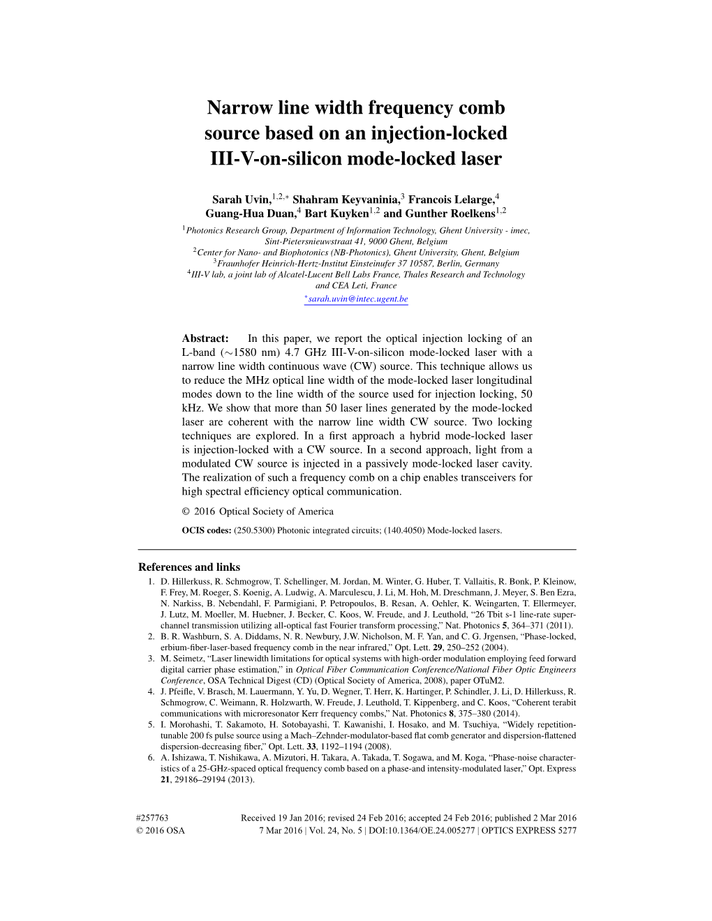 Narrow Line Width Frequency Comb Source Based on an Injection-Locked III-V-On-Silicon Mode-Locked Laser