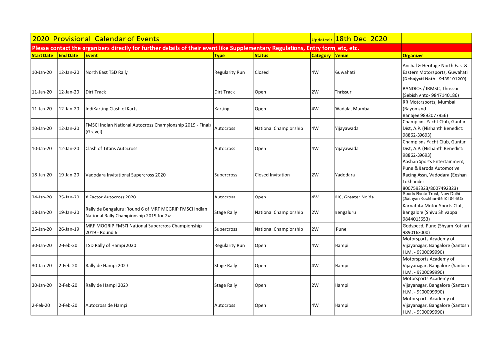 2020 Provisional Calendar of Events Updated : 18Th Dec 2020