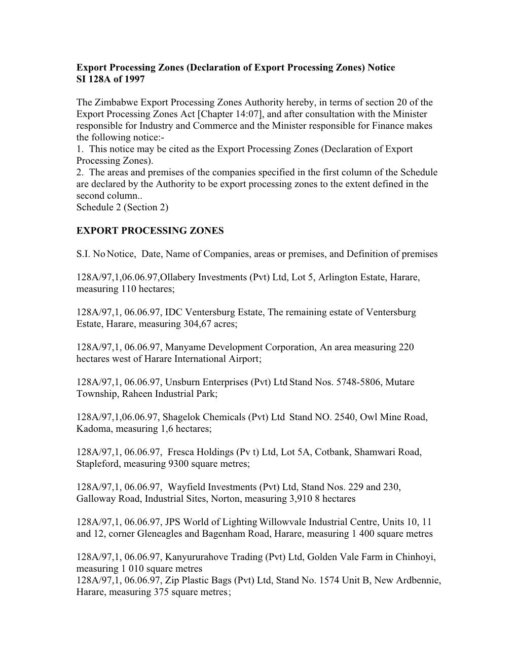 Notice SI 128A of 1997 the Zimbabwe Export Processing Zones