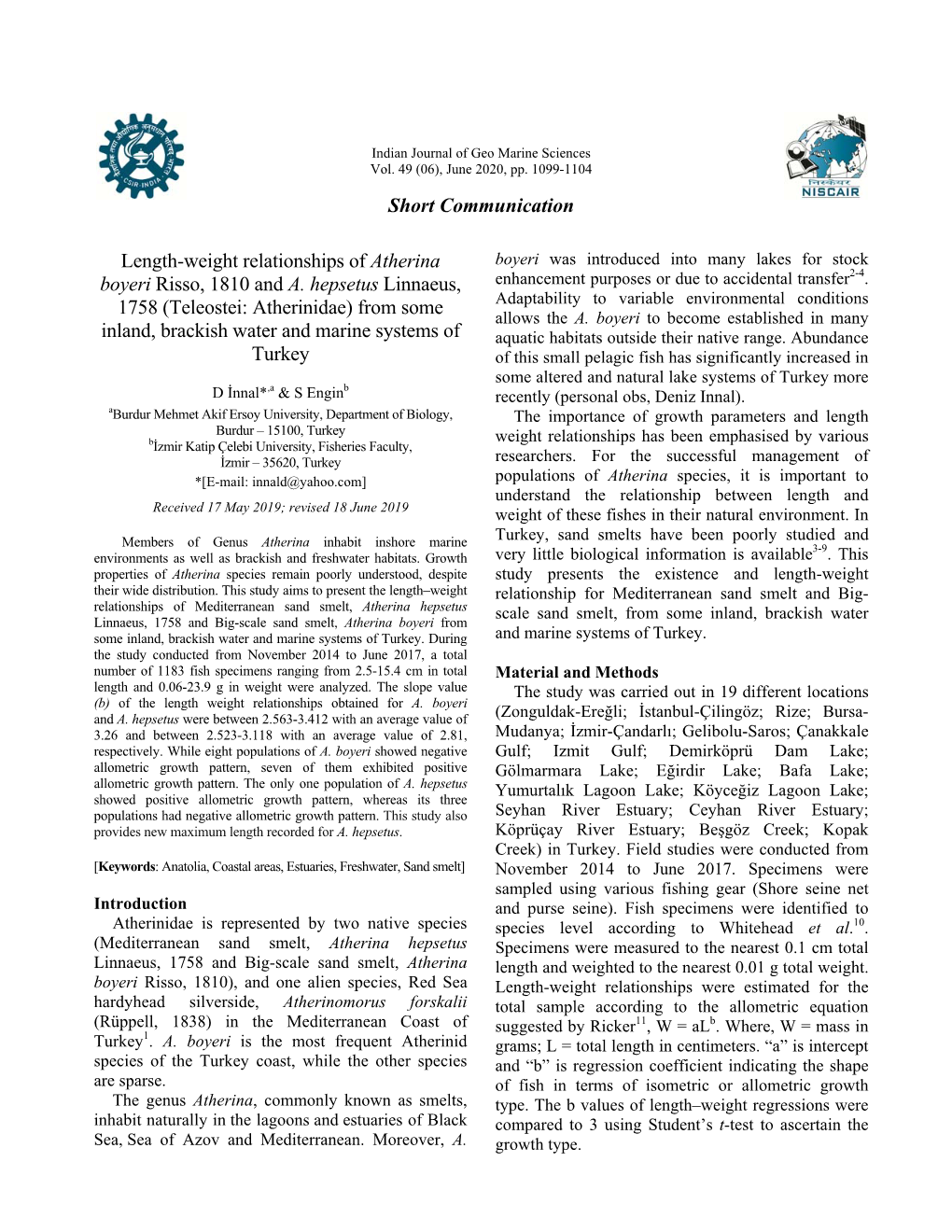 Short Communication Length-Weight Relationships of Atherina