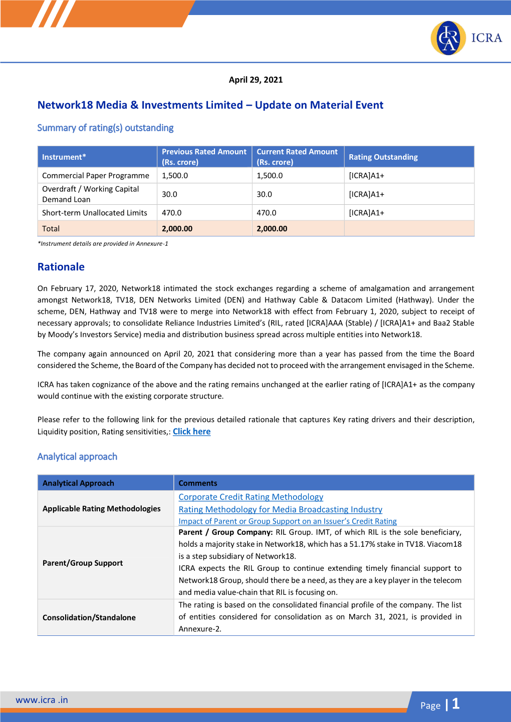 Network18 Media & Investments Limited – Update on Material Event Rationale