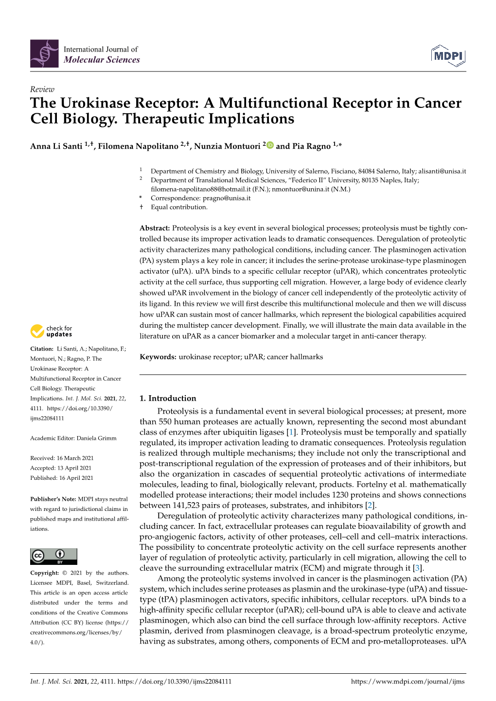 The Urokinase Receptor: a Multifunctional Receptor in Cancer Cell Biology