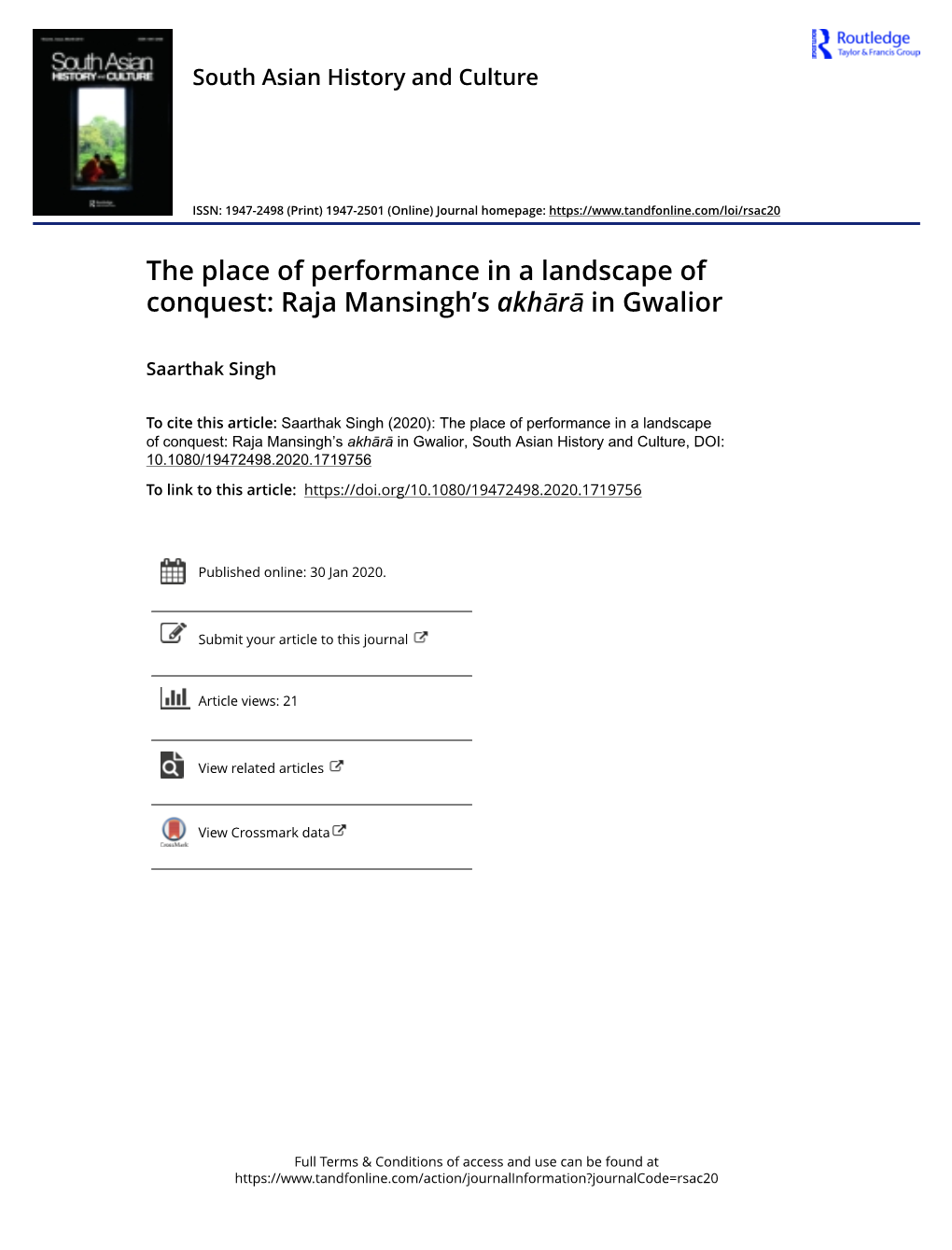 The Place of Performance in a Landscape of Conquest: Raja Mansingh's Akhārā in Gwalior