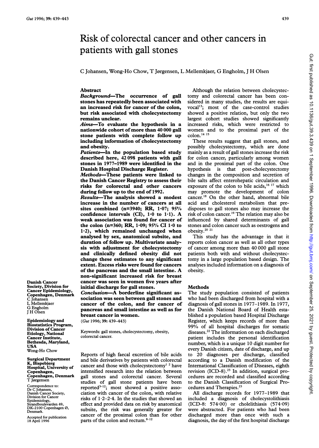 Risk of Colorectal Cancer and Other Cancers in Patients with Gall Stones