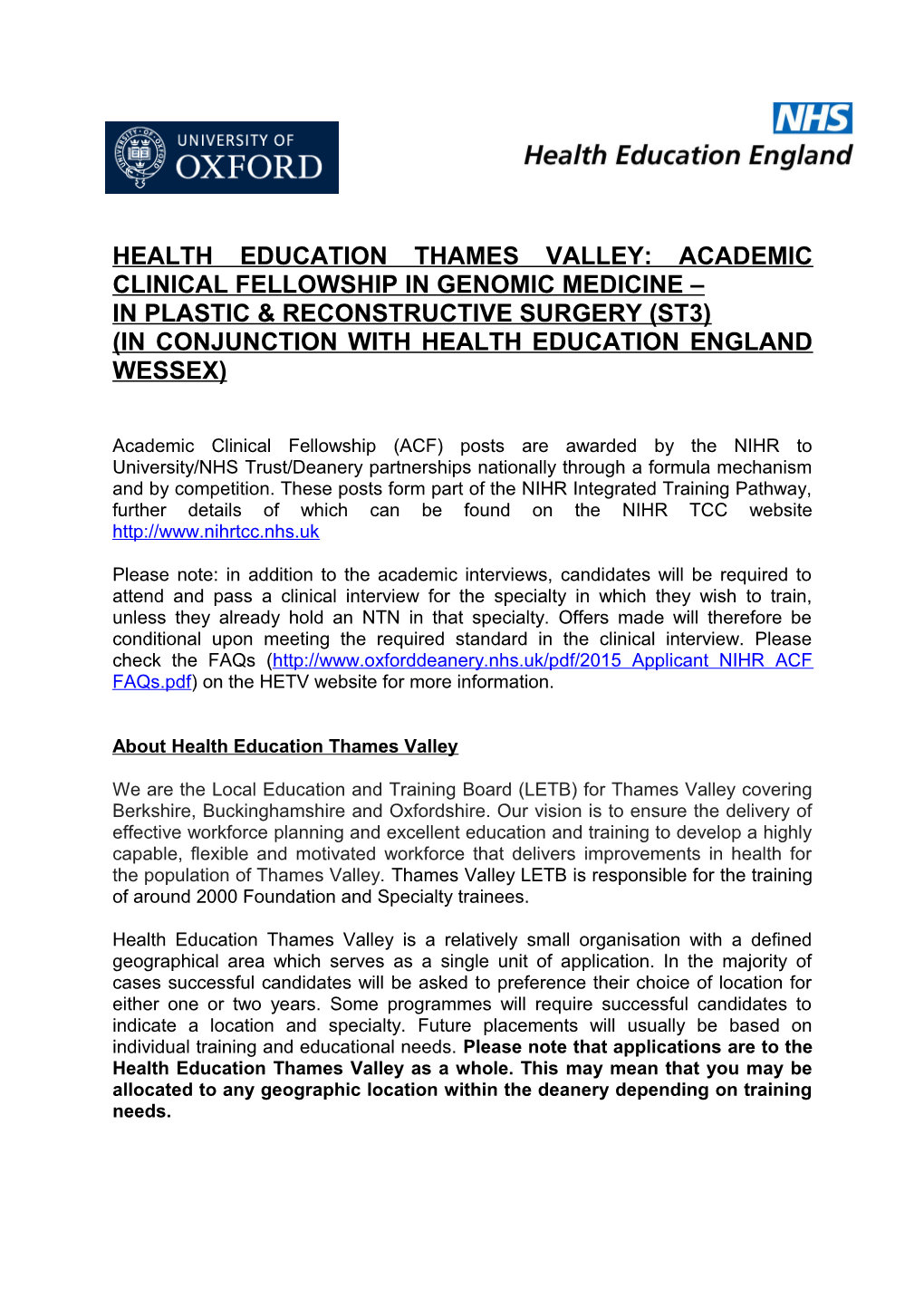 Health Education Thames Valley: Academic Clinical Fellowship in Genomic Medicine