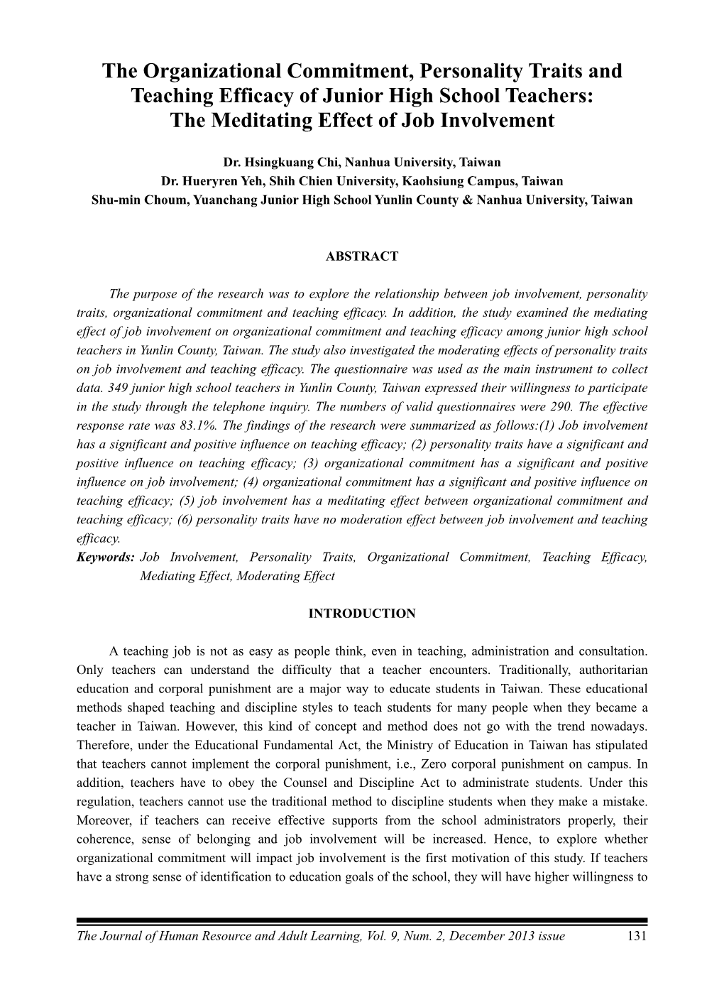 The Organizational Commitment, Personality Traits and Teaching Efficacy of Junior High School Teachers: the Meditating Effect of Job Involvement
