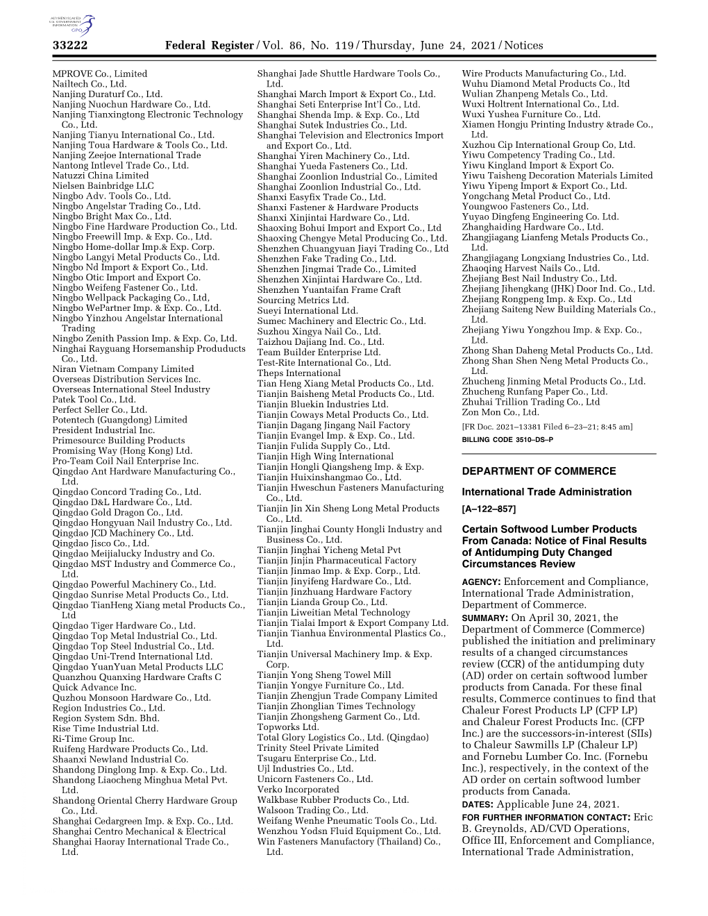 Federal Register/Vol. 86, No. 119/Thursday, June 24, 2021/Notices