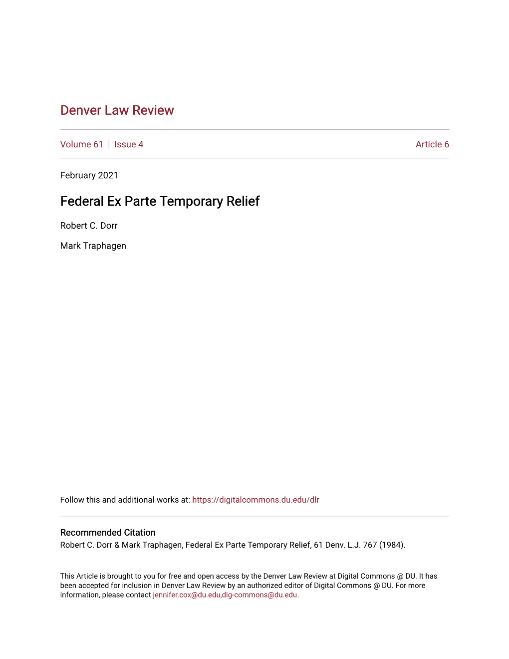 Federal Ex Parte Temporary Relief