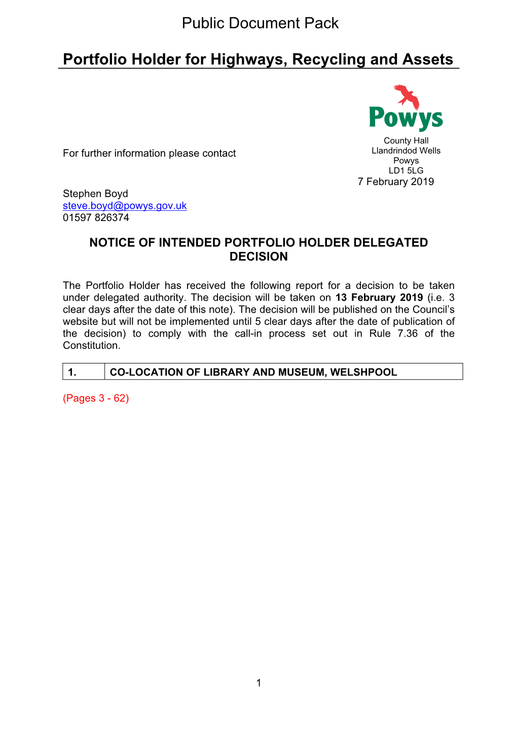 (Public Pack)Agenda Document for Portfolio Holder for Highways