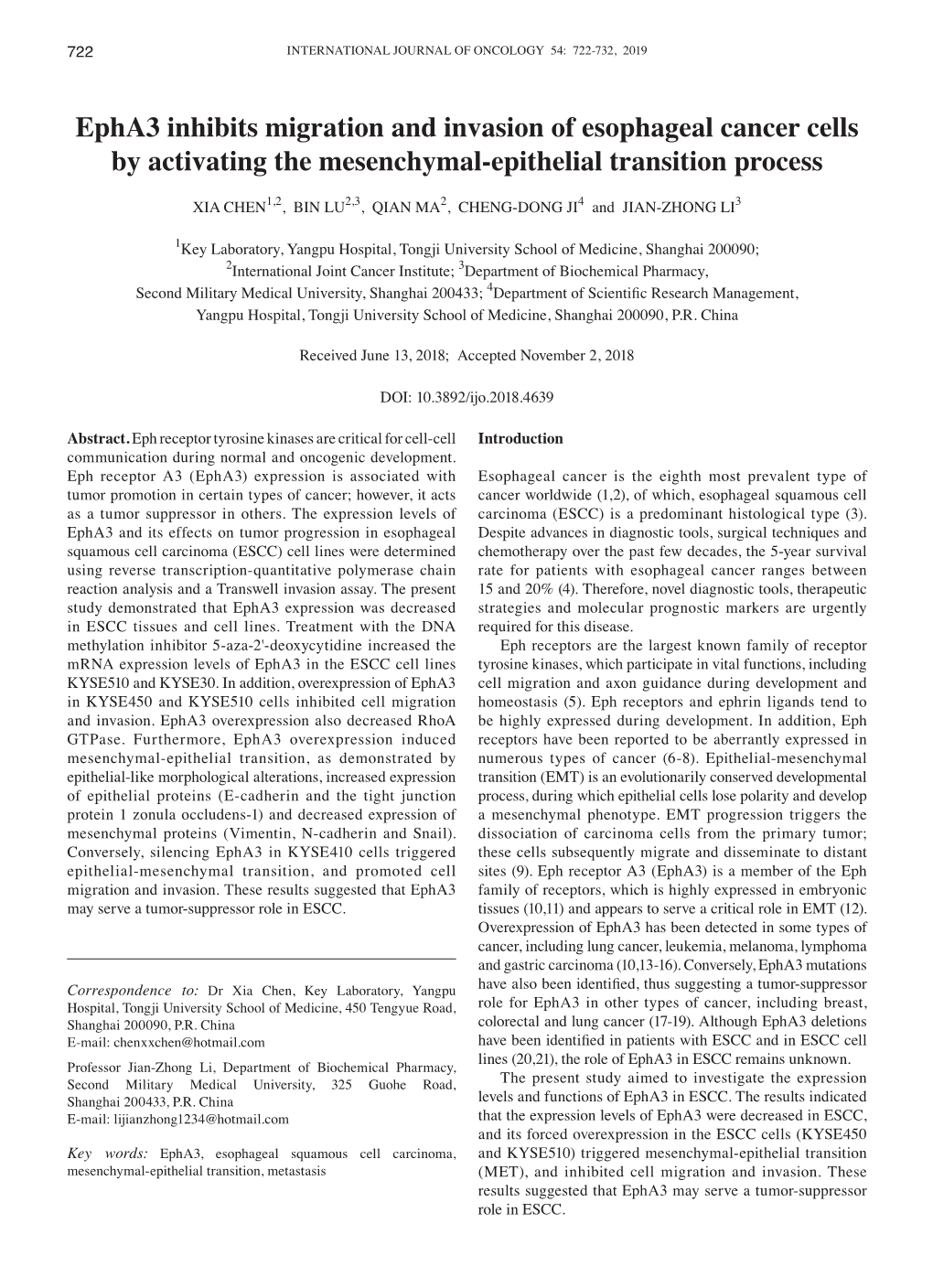 Epha3 Inhibits Migration and Invasion of Esophageal Cancer Cells by Activating the Mesenchymal‑Epithelial Transition Process