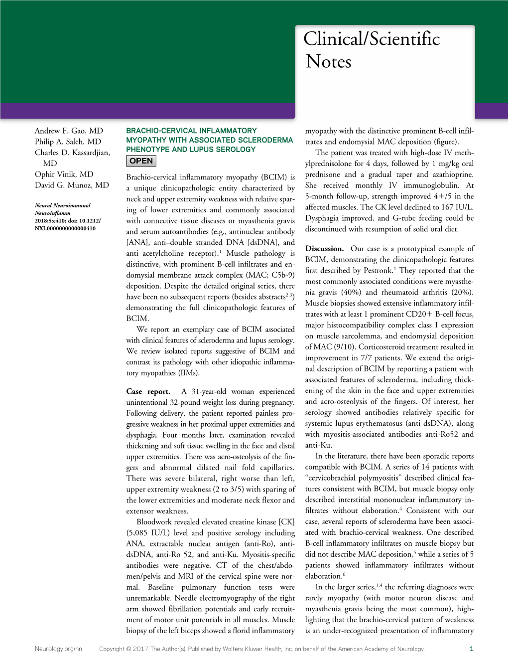 Brachio-Cervical Inflammatory Myopathy with Associated Scleroderma Phenotype and Lupus Serology Andrew F