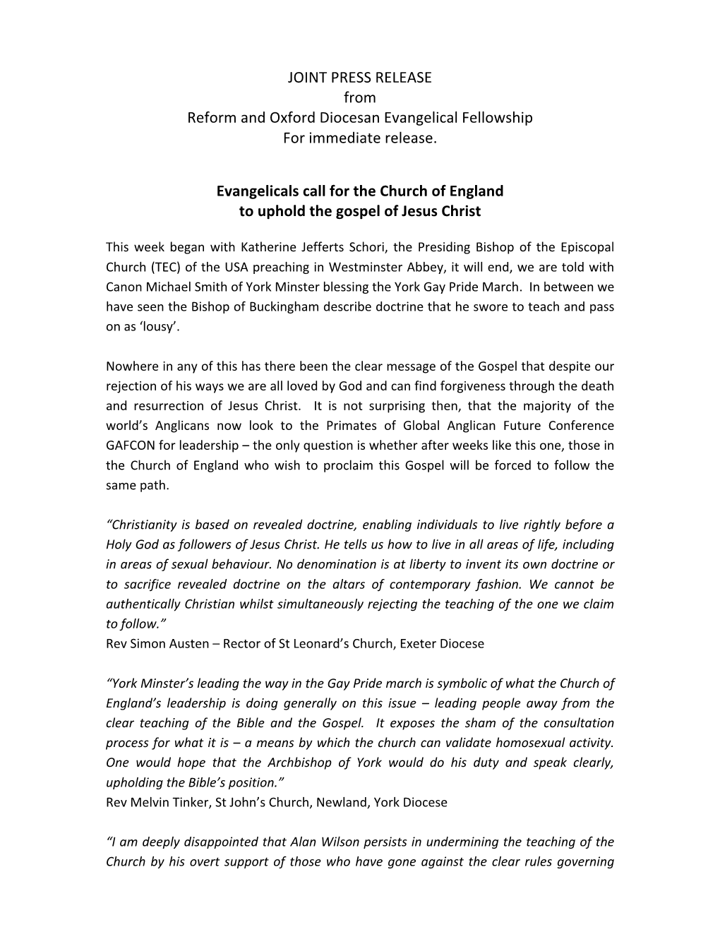 JOINT PRESS RELEASE from Reform and Oxford Diocesan Evangelical Fellowship for Immediate Release