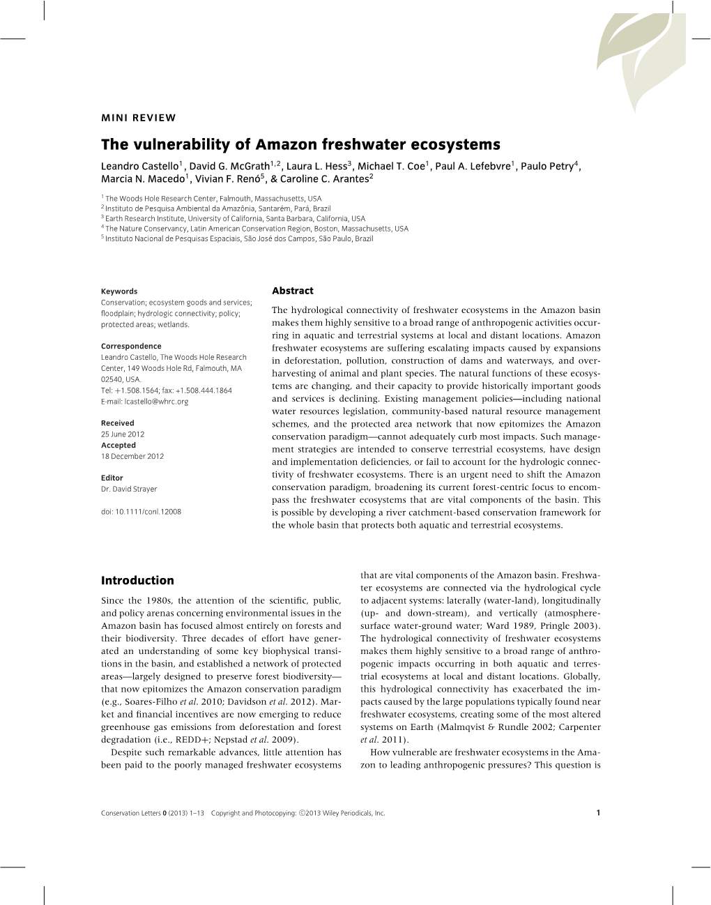 The Vulnerability of Amazon Freshwater Ecosystems Leandro Castello1 , David G