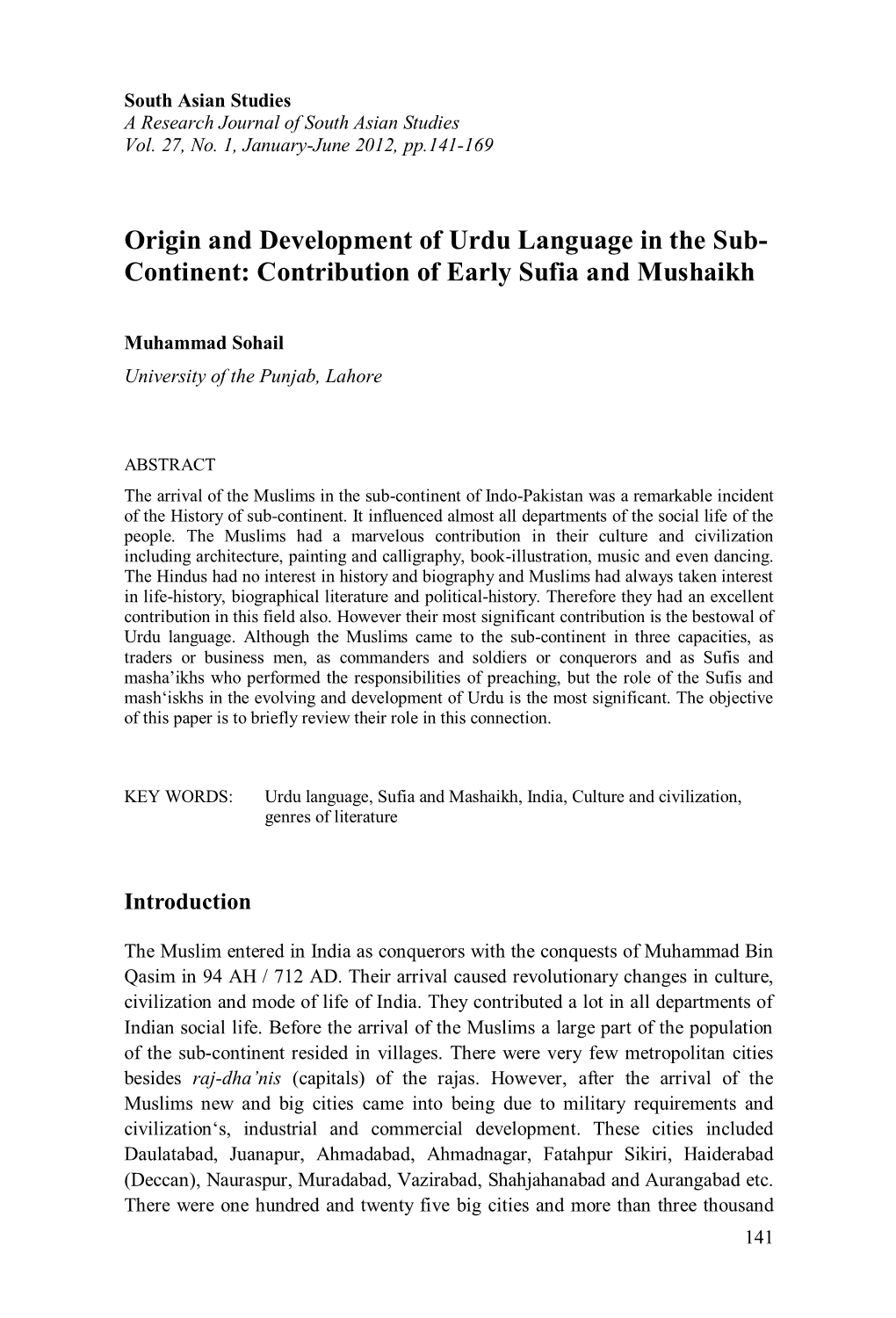 Origin and Development of Urdu Language in the Sub- Continent: Contribution of Early Sufia and Mushaikh