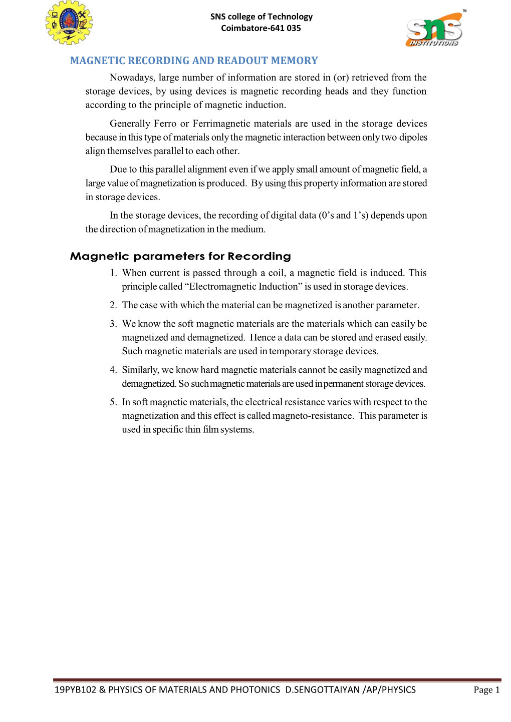 Magnetic Recording and Readout Memory