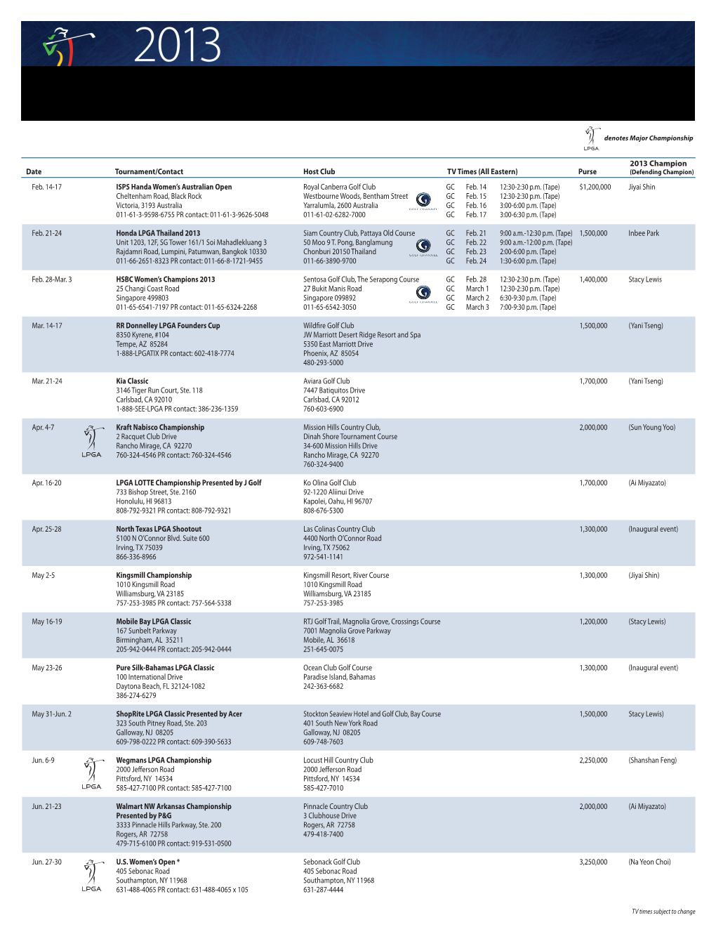 2013 Champion Date Tournament/Contact Host Club TV Times (All Eastern) Purse (Defending Champion) Feb