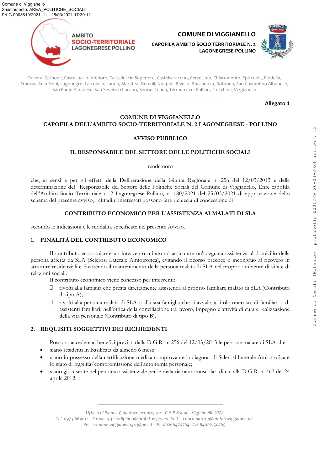 Comune Di Viggianello Smistamento: AREA POLITICHE SOCIALI Prt.G.0003819/2021 - U - 25/03/2021 17:39:12