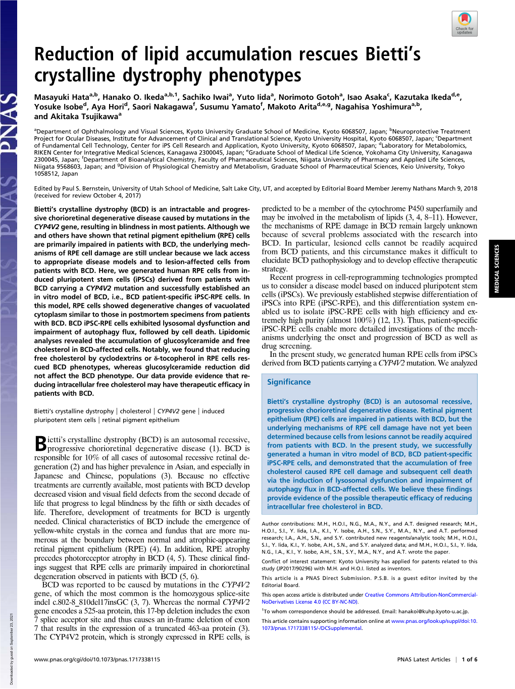 Reduction of Lipid Accumulation Rescues Bietti's Crystalline Dystrophy