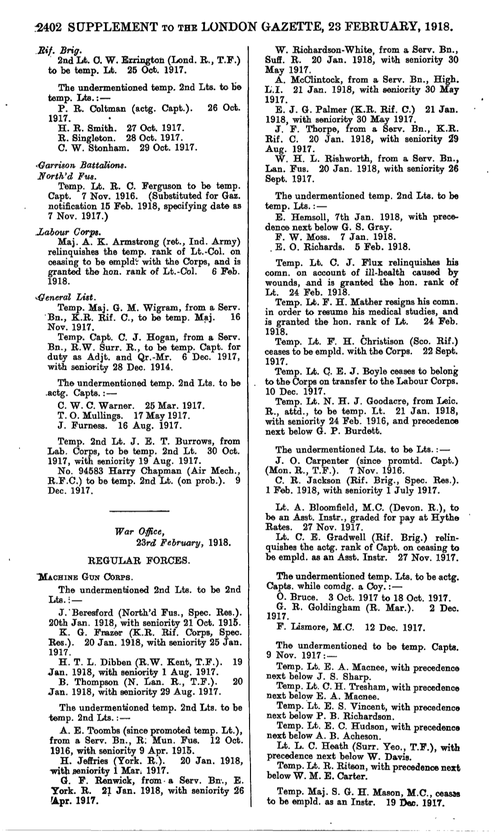 5402 Supplement to the London Gazette, 23 February, 1918